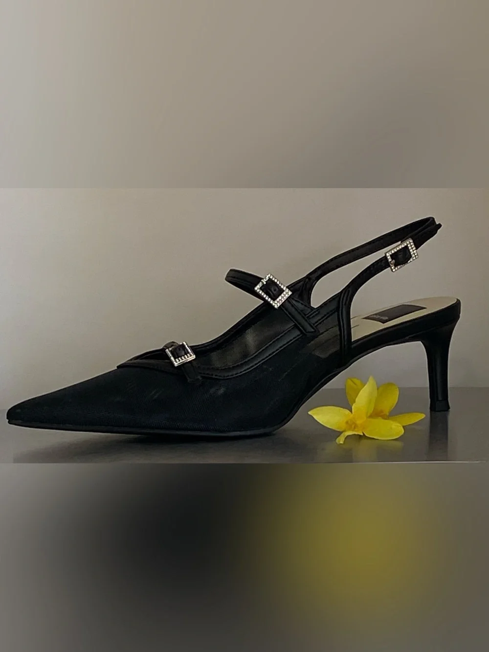 DOLCE VITA BLACK MESH KITTEN HEEL SLINGBACK PUMPS WITH RHINESTONE BUCKLES